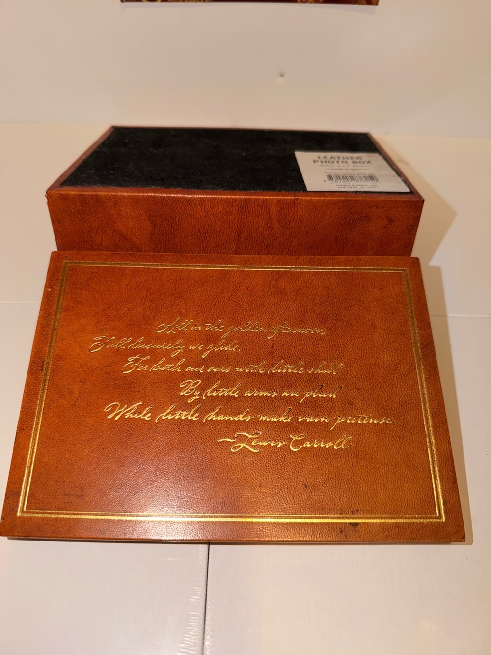 Leather Photo Box with Gold Script from Lewis Carroll.